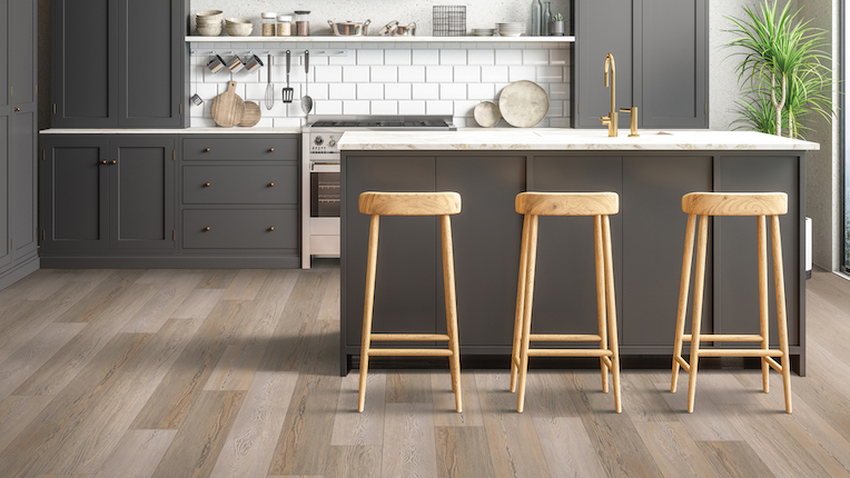 multi-toned rustic luxury vinyl plank flooring in a stylish kitchen
