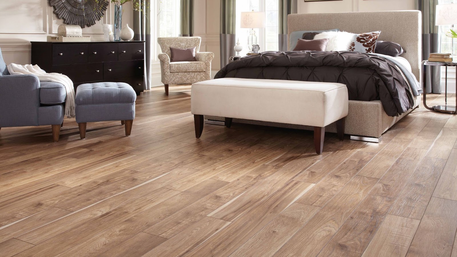 Laminate flooring in a bedroom, installation services available.